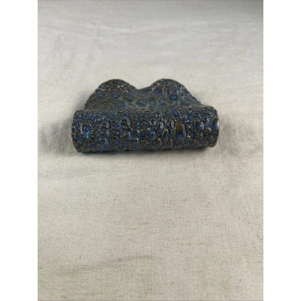 Handmade Studio Art Pottery Spoon Rest Ceramic Blue Bronze Reptile Sponge Holder
